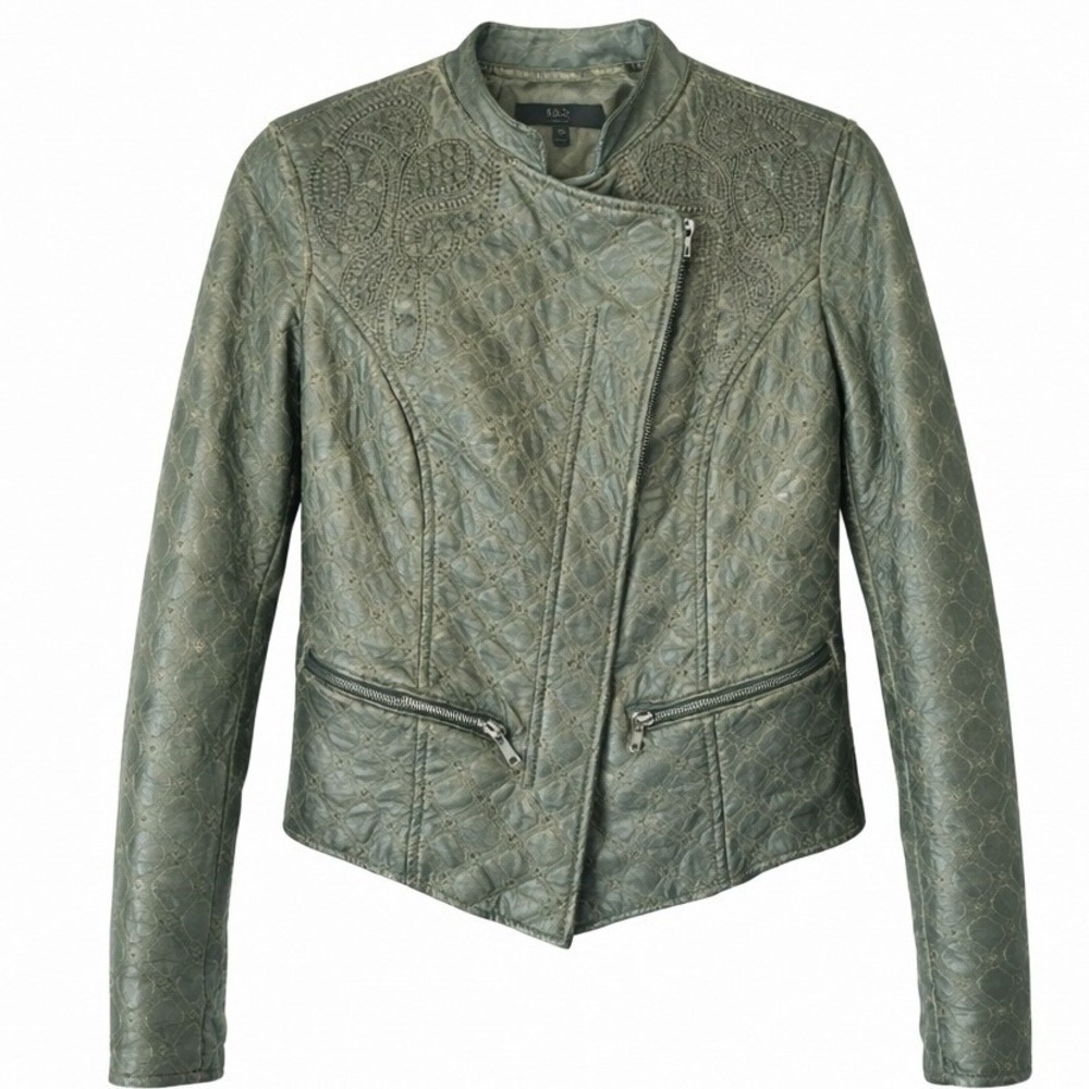 Olive Sage Quilted Faux Leather Moto Jacket Paisley Embroidery XS